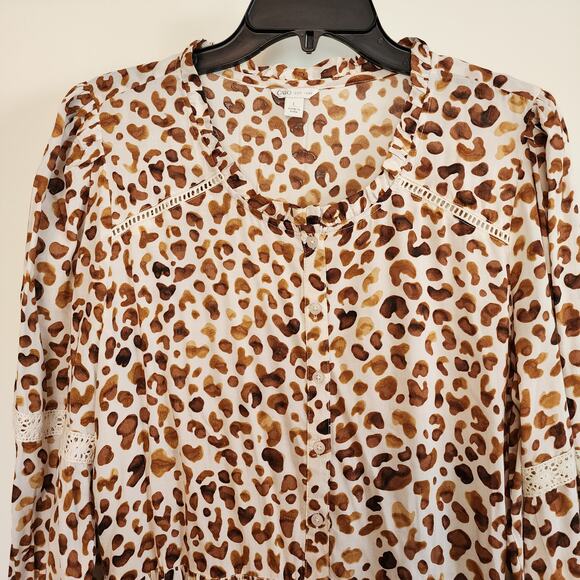 Cato Animal Print Top Tunic Lace Sleeve Ruffle Hem Button Front Lightweight LG - Picture 3 of 10